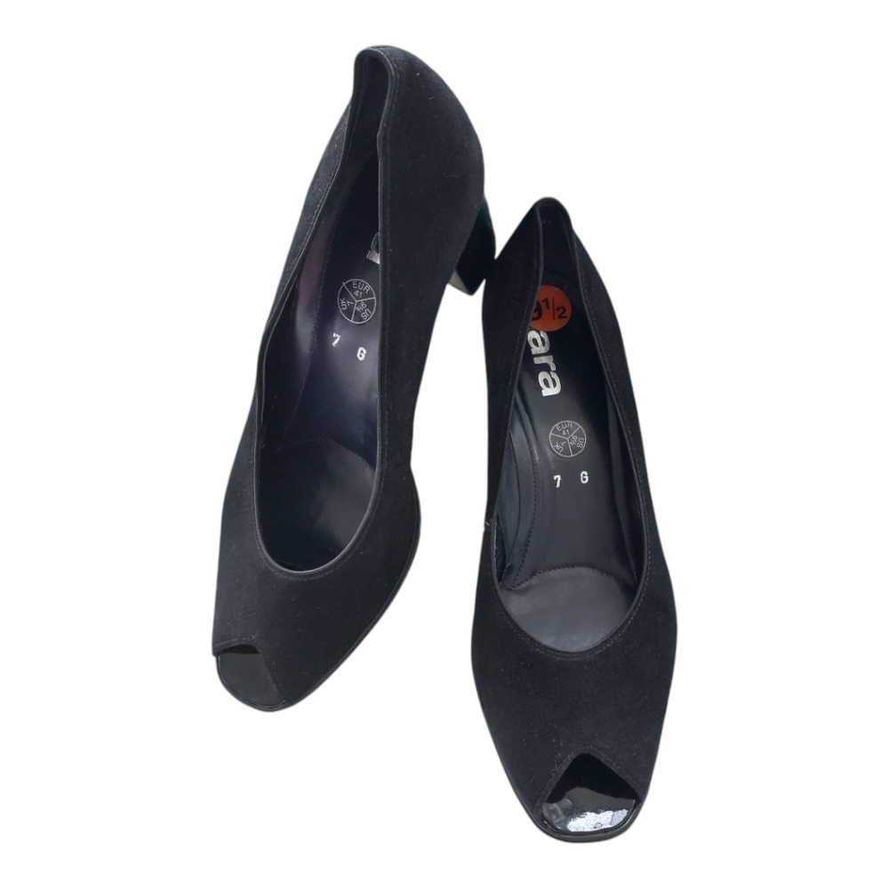 Ara Women's Black Suede Peep Toe Block Heels Size 9.5 US